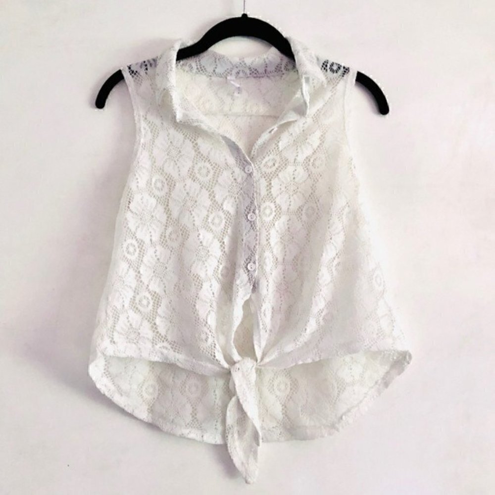 Nella Fantasia Tank Top S Knit Mesh Front Tie White Coverup Vacation Trip Swim